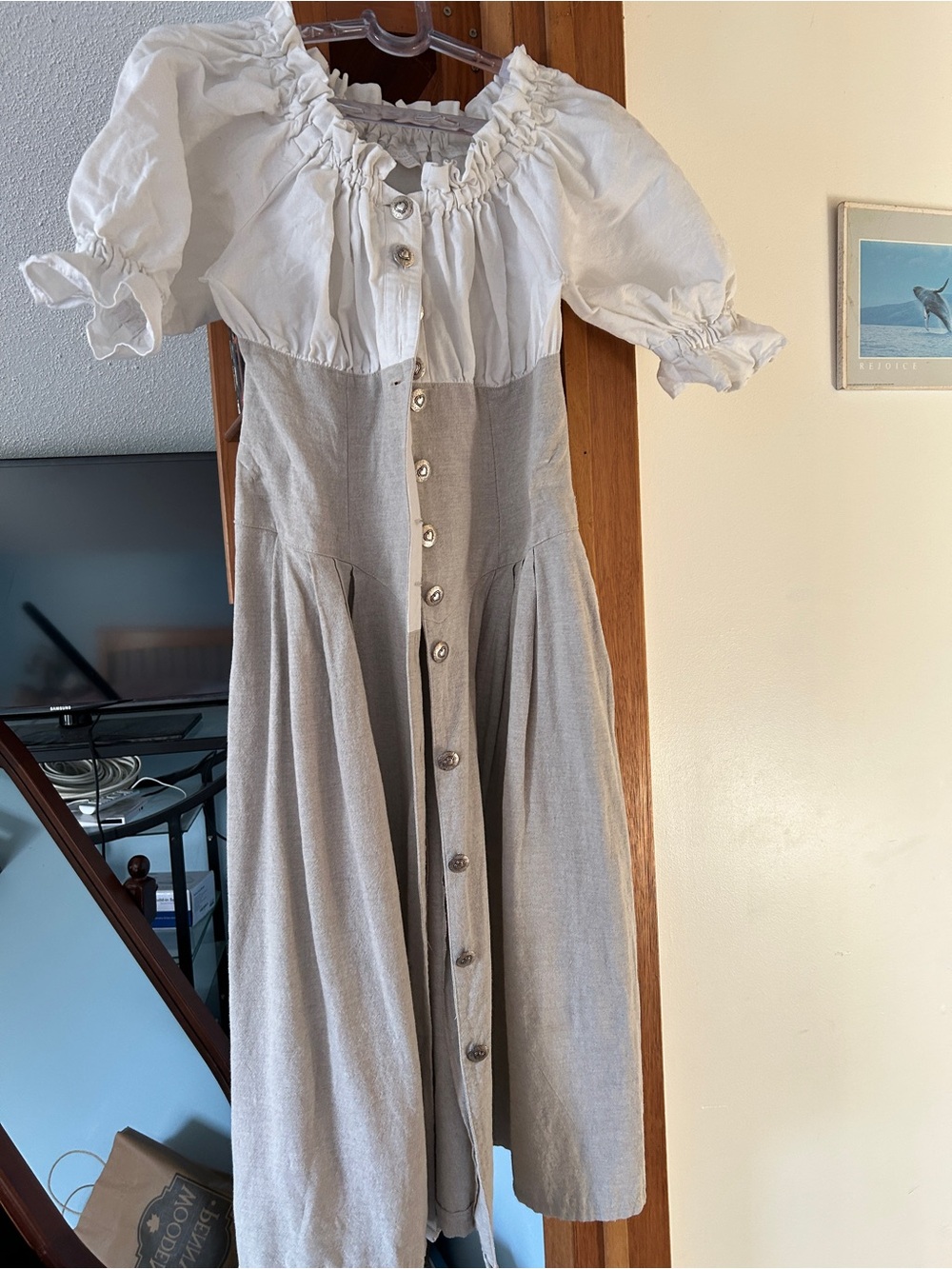White and Light Gray Button-Front Cotton Blend Dress - Picture 1 of 2